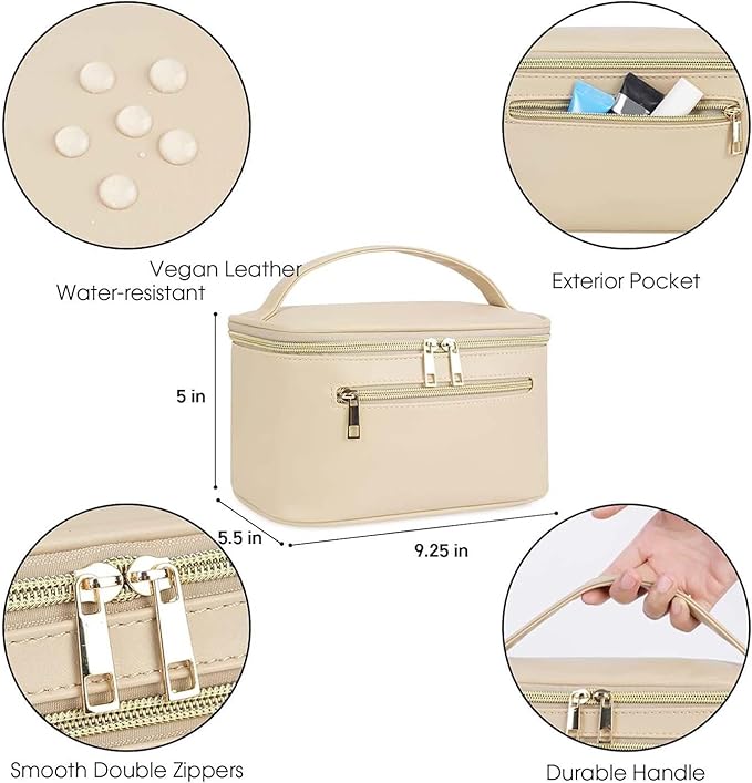 Wandering Nature Makeup Bag, Travel Make Up Organizer Cosmetic Brush Bags Case for Women in Vegan Leather, Beige,Patent Pending