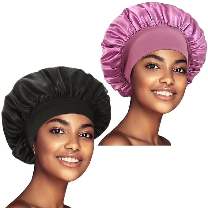 2 Pack Satin Bonnet Silk Bonnet for Sleeping Women, Hair Sleep Bonnets for Women, Wide Soft Band Large Sleep Cap for Curly Hair Braids