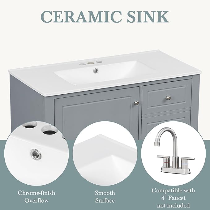 Harper & Bright Designs 36" Bathroom Vanity with Sink, Free Standing Single Vanity Set with 3 Drawers and One Door with Storage Racks, Wooden Storage Cabinet with Ceramic Basin for Bathroom, Grey