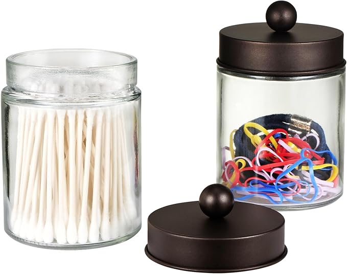 SheeChung Qtip Dispenser Holder 4pcs, Glass Apothecary Jars with Bronze Stainless Steel Lids &Stickers, Countertop Canister Guest Bathroom Storage Organizer Set for Cotton Swabs/Balls, Floss Picks