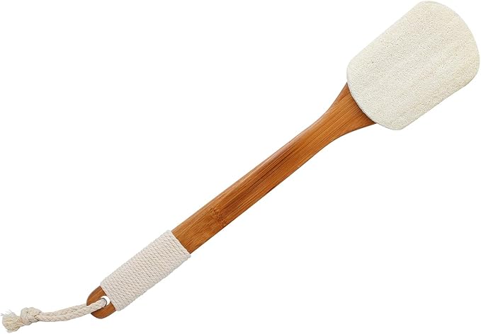 Leotruny 100% Natural Exfoliating Loofah with Long Wooden Handle Shower Back Brush (Off-White (1 Pack))