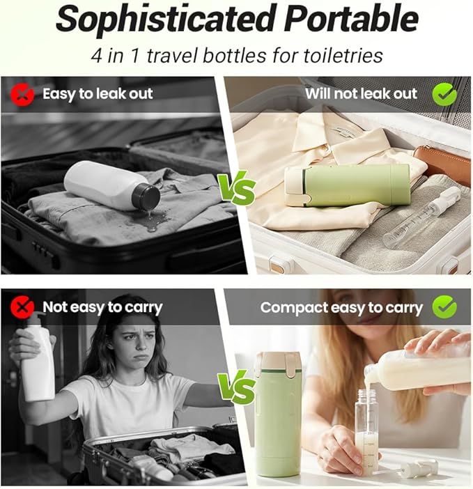 2026 New 4 in 1 Travel Dispenser Bottle, 4 Pack 30ML Travel Bottles for Toiletries, Leak Proof Travel Size Containers, Portable Containers for Shampoo Lotion Conditioner Cream (White+Green)