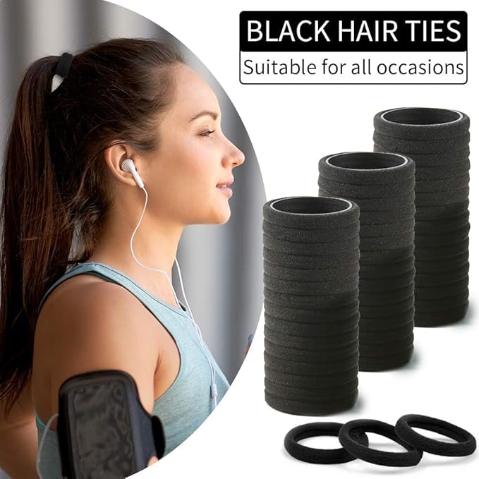 Bessrung 100PCS Black Hair Ties for Women Girls, Seamless Thick Black Hair Band, Elastic Hair Ties No Damage Ponytail Holder for Everyday Use