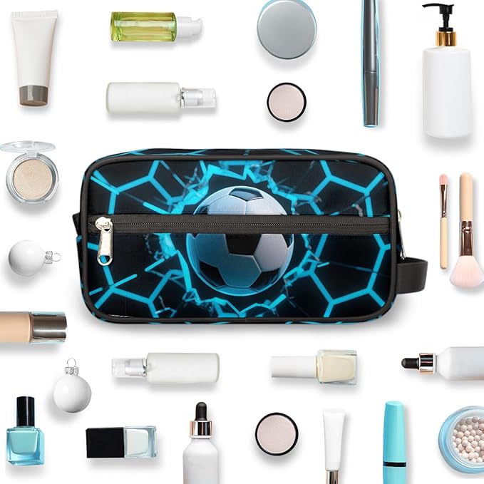 Futuristic Style Soccer Ball Kids Toiletry Bag for Boys Girls, Cosmetic Makeup Bag with Handle, Travel Shaving Kit Organizer, Waterproof Portable Wash Bag for Gym Vacation Camping Sports
