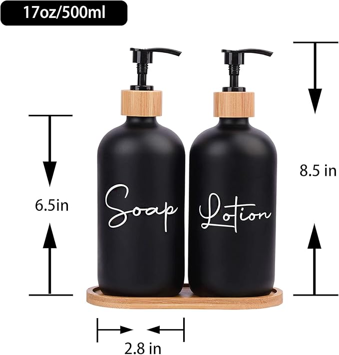 17 oz Hand Soap Dispenser Empty Glass Lotion Pump Bottles, Refillable Liquid Dish Soap Bottles for Bathroom Decor, Kitchen Sink, Matte Design and Wood Tray, Pack of 2, Black