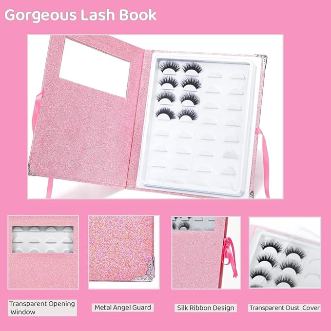 False Eyelash Storage Book Protable 16 Pari Eyelashes Organizer Holder Case Lash Contanier Box Glitter Cover Lash Container Empty Case with Eyelash Tweezer Pink