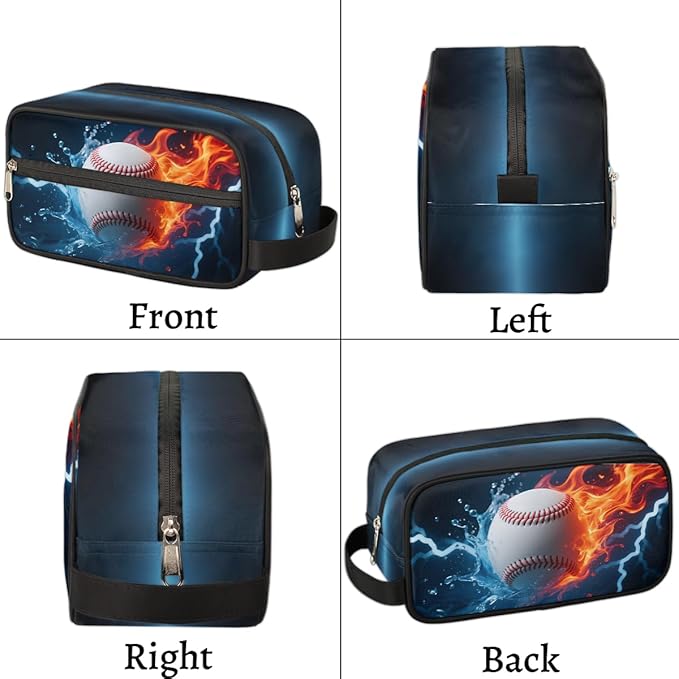 Abstract Fire Water Baseball Kids Toiletry Bag for Boys Girls, Cosmetic Makeup Bag with Handle, Travel Shaving Kit Organizer, Waterproof Portable Wash Bag for Gym Vacation Camping Sports