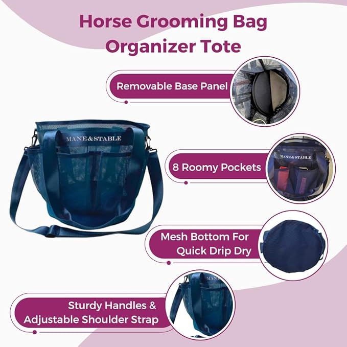 MANE & STABLE Horse Grooming Bag – Hanging Royal Blue Mesh Tote with 8 Pockets & Spacious Compartment | Quick-Drain Design for Barn, Trailer & Wash Rack