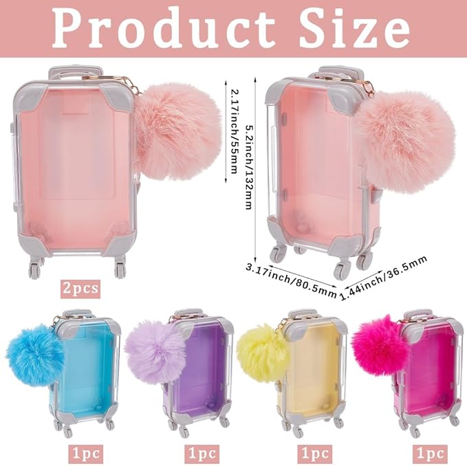 6Pcs Mini Suitcase Box Empty Candy Boxes Small Tiny Plastic Cosmetic Luggage Colorful Plush Fur Ball Keychain Reusable Gift Holder Storage Case for Eyelashes Candy Makeup False Lash Travel