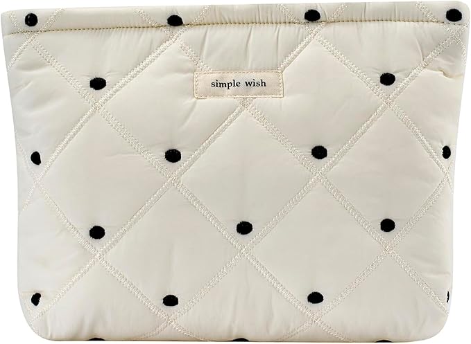 uekeboag White Quilted Cotton Makeup Pouch,Coquette Quilted Toiletry Bag for Women and Girls, Floral Coquette Organizer Bag, Aesthetic Travel Cosmetic Bags(01White Dots)