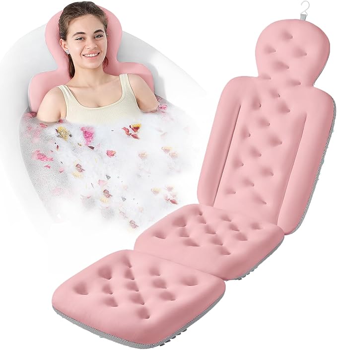 Bath Cushion, Full Body Bathtub Pillow with 160 Suction Cups, Bath Mat for Head and Neck Support, with Laundry Bag (Light Pink, 56" x 16")