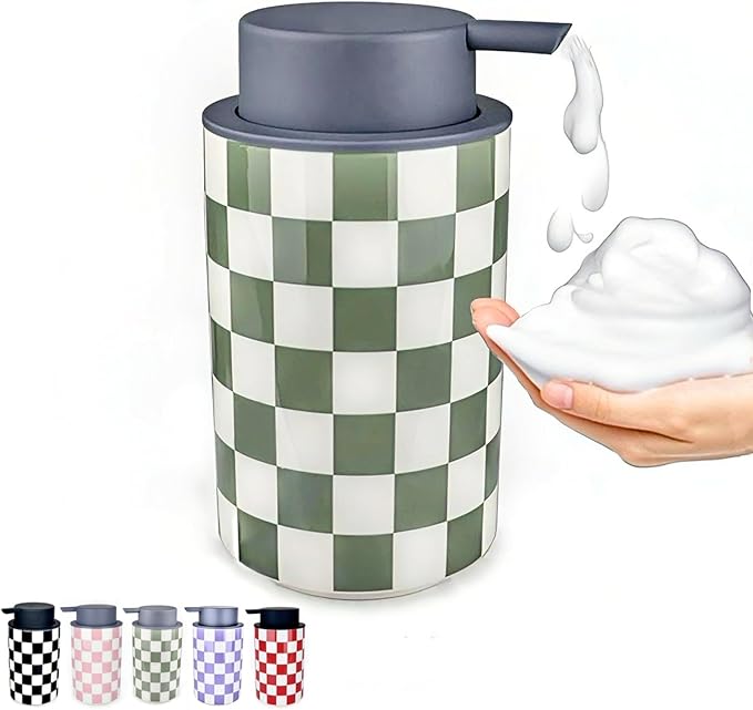 Foaming Soap Dispenser, Green Foam Hand Soap Dispenser for Bathroom/Kitchen Countertop, Ceramic Cute Modern Foamy Soap Bottle for Guest Bathrooms- Sage Green Bath Decor