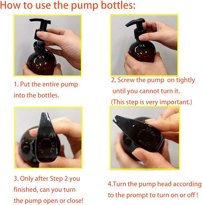 4 Pack 16 OZ Empty Plastic Pump Lotion Bottles with 1 Pen, Labels & Silicone Funnel, Amber Color Lotion Dispenser With Locking Pump for Body Wash, Shampoo, Massage Lotion, Gel