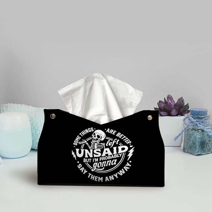Skeleton Funny Tissue Box Cover Rectangle, Gothic Skull Tissue Box Holder, Black Facial Paper Case for Bathroom Kitchens Livingroom, Halloween Kitchen Accessories Gifts for Women Home 9.8x5.9x5.9