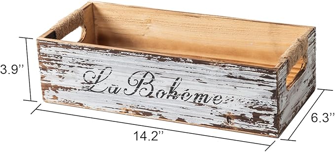 TIMRIS Farmhouse Distressed Wooden Storage Box, Rustic Bathroom Decor Box, Decorative Toilet Tank Basket, Vintage Countertop Organizer Box with Handles (Distressed White)