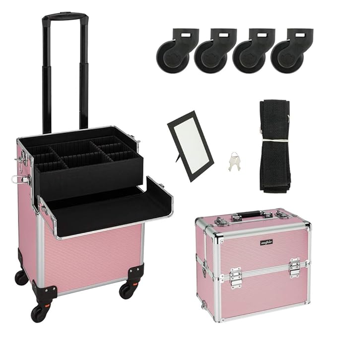 mefeir 2 in 1 Rolling Makeup Train Case, Makeup Travel Organizer Cosmetology Case, Aluminum Cosmetic Display Suitcase on Wheels, Beauty Storage Luggage Lockable w/4 Removable Wheels (Pink)