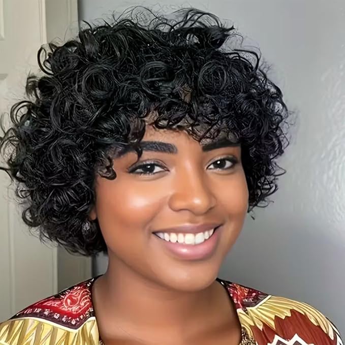 Adette Brazilian Human Hair Wig - 6 Inch Short Curly Style 180% Density for Black Women, Natural Black Color with Bangs