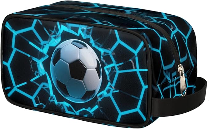 Futuristic Style Soccer Ball Kids Toiletry Bag for Boys Girls, Cosmetic Makeup Bag with Handle, Travel Shaving Kit Organizer, Waterproof Portable Wash Bag for Gym Vacation Camping Sports