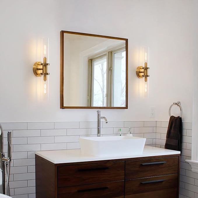 Wall Sconces Set of Two Brushed Brass Gold Sconces Lighting with Clear Glass Wall Lamp Modern Wall Sconce Light Fixtures Sconces Decor Set of scones Lights Set of 2
