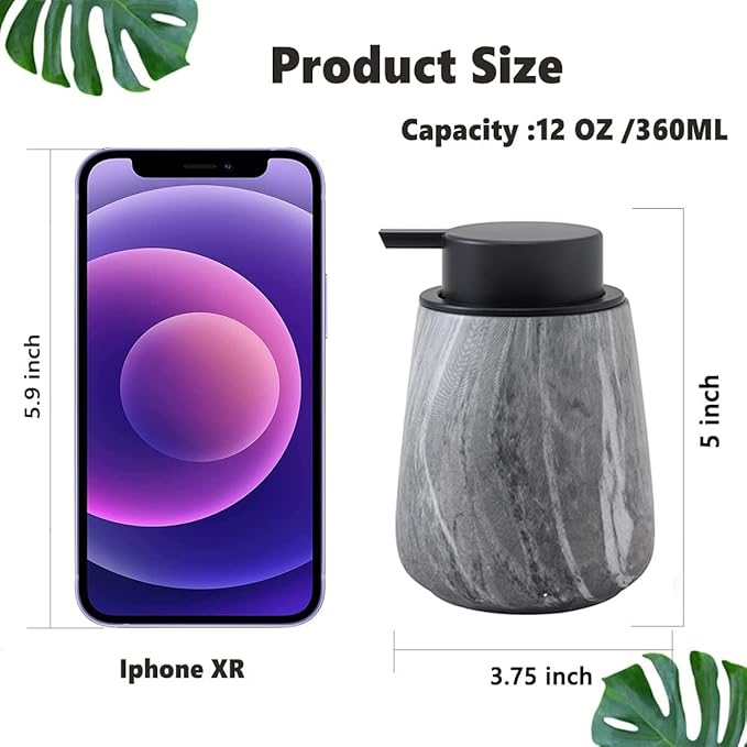 12Oz Foaming Hand Soap Dispenser - Ceramic Bathroom Foam Soap Dispenser with Easy-to-Press Black Pump, Refillable Lotion Hand Dispenser, Dish Soap Dispensers for Kitchen, Marble Grey