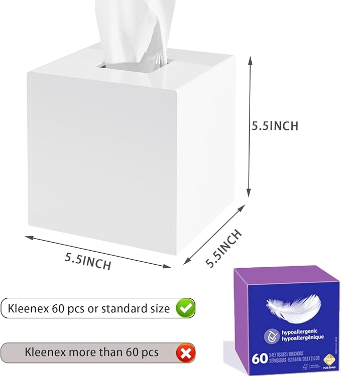 Acrylic Tissue Box Cover, White Square Tissue Box Holder, Facial Napkin Dispenser for Bathroom Kitchen Bedroom Office Hotel Use
