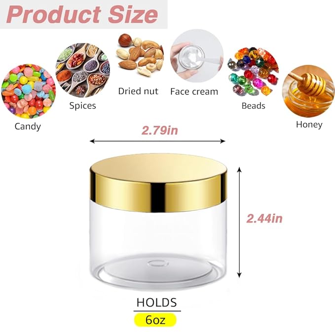 12 Pack 6 oz Plastic Cosmetic Containers With Silver Lids Refillable Clear Empty Travle Jars Containers for Body Butter,Sugar Scrubs,Cream,Lotions,Candy, Label&Spatulas