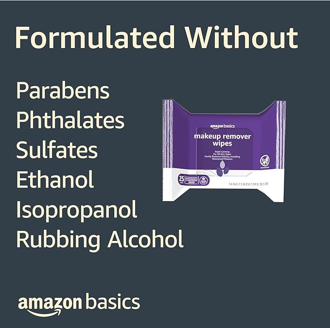 Amazon Basics Makeup Remover Wipes, Night Calming, Gentle Cleansing, Plant Based, Alcohol-Free, Removes Waterproof Mascara, Dermatologist Tested, 25 Count, 1-Pack