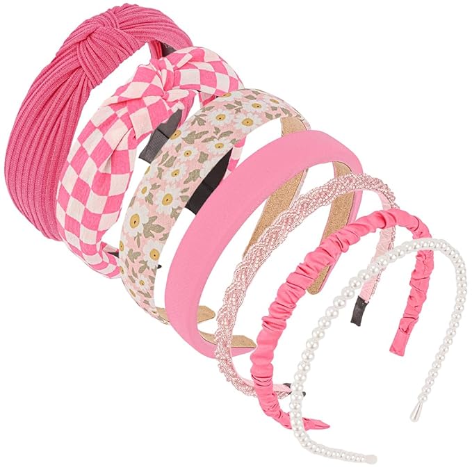 AHONEY 7 Pack Hot Pink Headbands for Girls Women Headbands Trendy Checkered Non Slip Cute Y2K Hair Accessories Multi-style Headband Pack Diademas Para Mujer