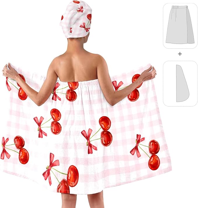 Cherry Bath Wrap with Hair Drying Turban, Pink Plaid Microfiber Shower Skirt Set, Quick Dry Spa Wrap Towel for Women Girls Dorm Home (Cherry 4)