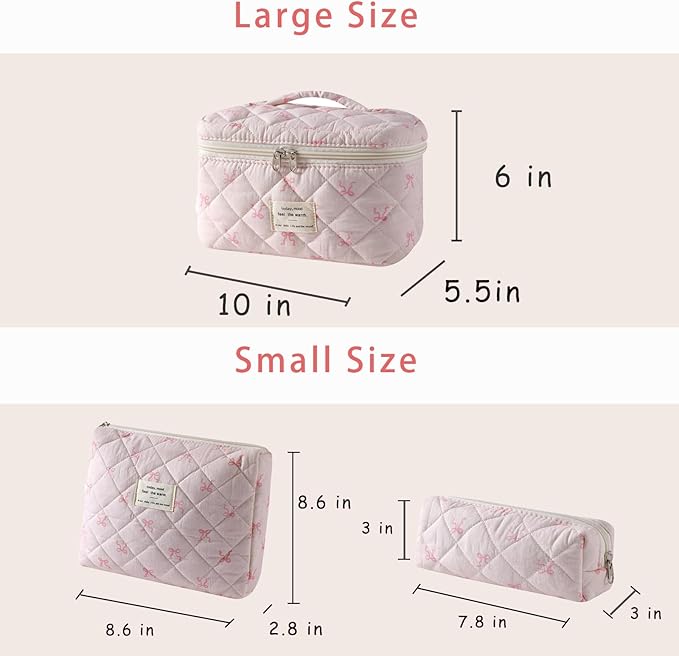 uekeboag 3Pcs Quilted Cotton Makeup Bag,Coquette Quilted Toiletry Bag for Women and Girls,Floral Coquette Pouch,Cute Kawaii Travel Cosmetic Bags(3Pcs Small Bow)