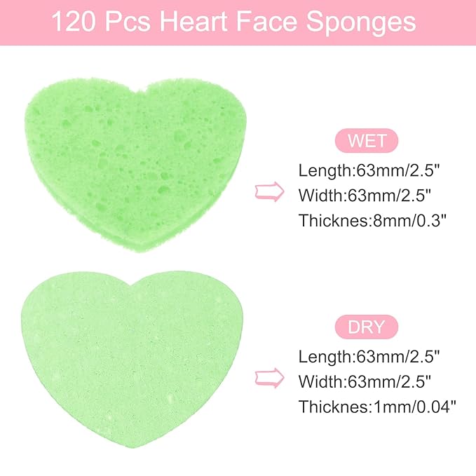 uxcell 120 Count Compressed Facial Sponges Heart-Shaped Face Cleansing Sponges Pads for Daily Skincare Routines at Home, Kitchen, Travel, Green