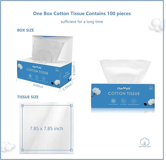 Extra Thick Disposable Face Towel, Disposable Makeup Removing Wipes, 100% USA Cotton and 100% Organic & Cruelty Free, Lint-Free Cotton Tissues for Sensitive Skin