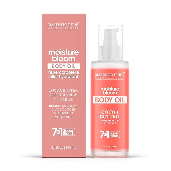 Majestic Pure Moisture Bloom Body Oil -100% Pure & Natural with Cocoa Butter, Rosehip, Vitamin E - After Shower Body Oils for Women and Men - Scented, Radiant, Firming Massage Oil - 3.4 Fl Oz