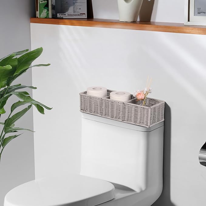 Gray 3-Section Wicker Storage Basket - Modern Minimalist Toilet Paper & Toiletries Organizer