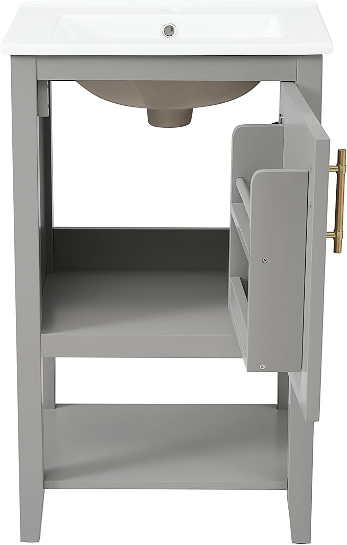 Bellemave 20" Small Bathroom Vanity with Sink, Modern Bathroom Storage Cabinet with Door and Storage Rack, Free Standing Single Basin Vanity with Open Shelf, Undermount Ceramic Sink, Grey