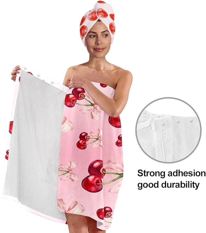Women's Cherry Bow Shower Wrap and Hair Towel Set – Pink Quick Dry Microfiber Bath Wrap with Adjustable Closure – Cute Spa, Dorm, Gift Towel Set for Girls & Teens (Cherry 3)