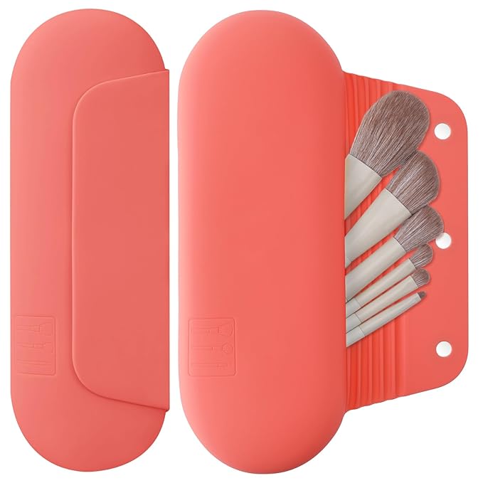 Silicone Makeup Brush Holder Travel Cosmetic Bag：Soft Portable Cosmetic Face Brushes Holder with Upgrade Anti-Fall Out Magnetic Closure, Large Travel Makeup Brush Case - Guava
