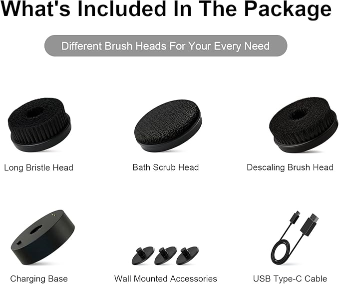 Electric Body Brush Back Scrubber for Shower, Waterproof Long Dual Handle Power Body Scrubber with 3 Heads, Bath Brush & 2 Speeds, for Cleansing, Exfoliating and Massaging Skin, Black
