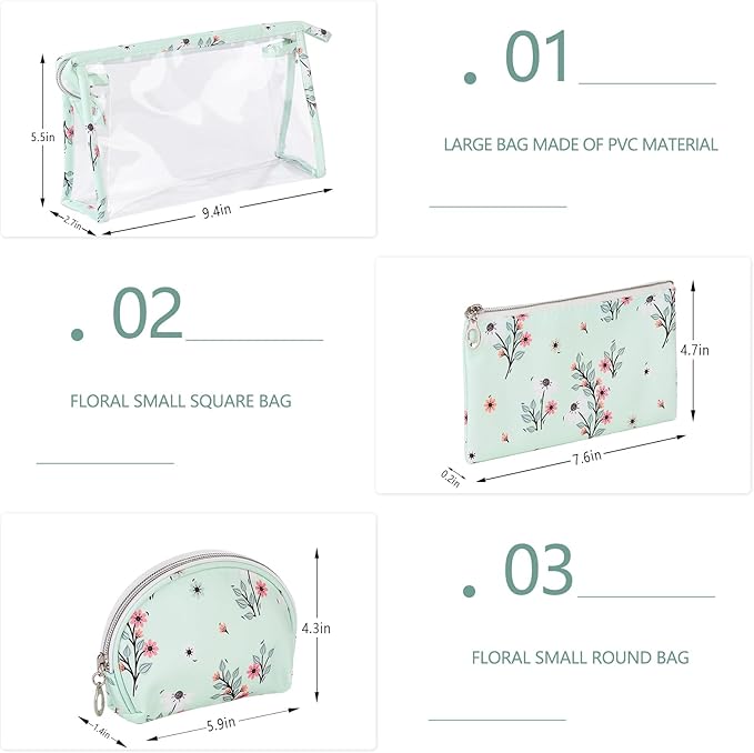 Richeart Makeup Bag, Clear Bag with Zipper, 3PC Floral Flowers Makeup Pouch, Waterproof Small Pouch, Portable Travel Toiletry Bag, B