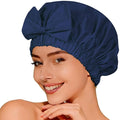Reusable Shower Cap for Women with Stylish Bow, Non-Slip Waterproof Anti Humidity Bathing Cap, Roomy Anti Frizz for Short Medium Straight Wavy Hair, Soft Elastic & Machine Washable, Navy Blue