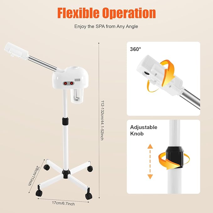 Facial Steamer, Face Steamer for Facial Deep Cleaning Professional Ozone Facial Steamer on Wheels w/360° Rotatable Nozzle for Home and Salon