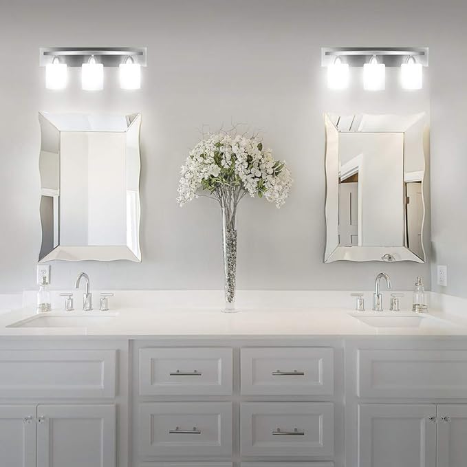PARTPHONER - Bathroom Vanity Light Fixture - Over Mirror - Modern Glass Shade - Brushed Nickel, E26 Base, 3-Light