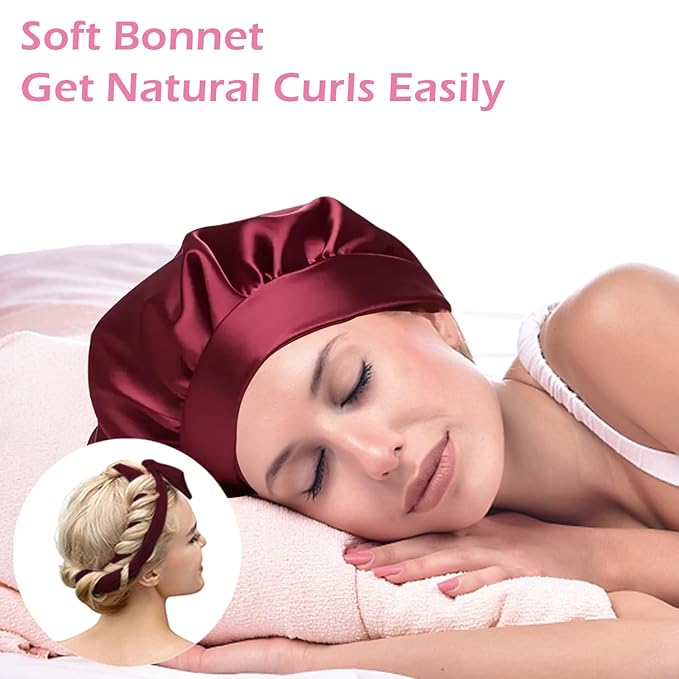Heatless Curls Overnight Headband, 70'' No Heat Hair Curlers with Hair Bonnet for Sleeping, Wine Red