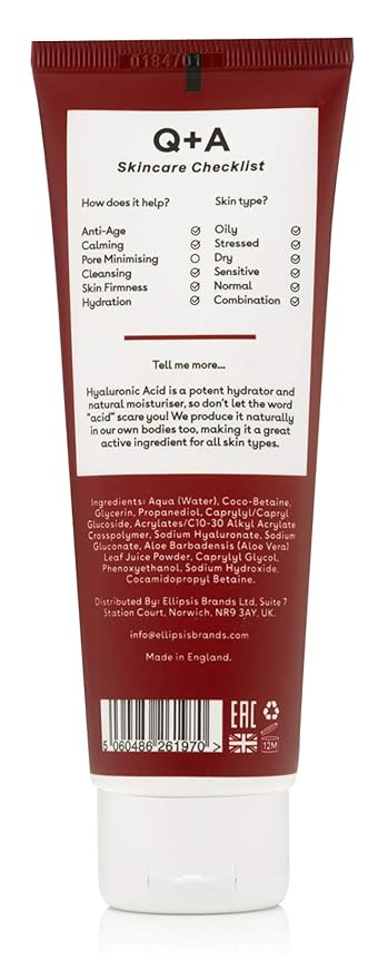 Q+A Hyaluronic Acid Hydrating Cleanser (125ml), Gentle Foaming Cleanser, Face Wash with Aloe Vera and Coco Betaine, Hydrating and Non-Drying, Fragrance Free Skincare