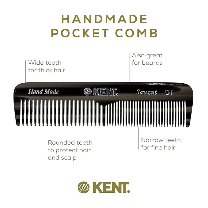 Kent OT Pocket Comb - Handmade Fine and Wide Tooth Hair Comb for Men, Women, and Kids - Travel, Beard, and Mustache Comb - Saw Cut and Hand Polished Made in England