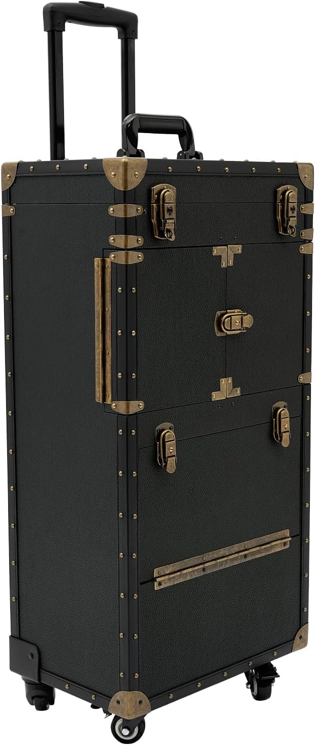 Rolling Makeup Case Large Storage Cosmetic Trolley, Rolling Lockable Makeup Train Case, Stylist Beauty Salon Cosmetic Luggage Travel Organizer Tool Box with Hair Dryer Holder (Black)