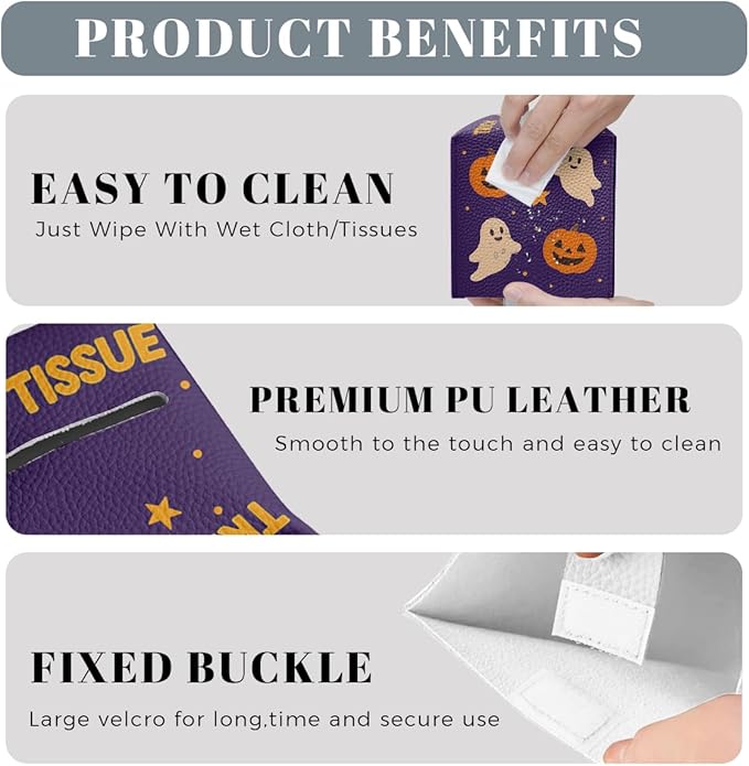 Halloween Tissue Box Cover Funny Cartoon Cute Pumpkin Bat Square PU Leather Waterproof Tissue Box Holder for Bathroom Kitchen Bedroom Vanity Countertop Night Stands