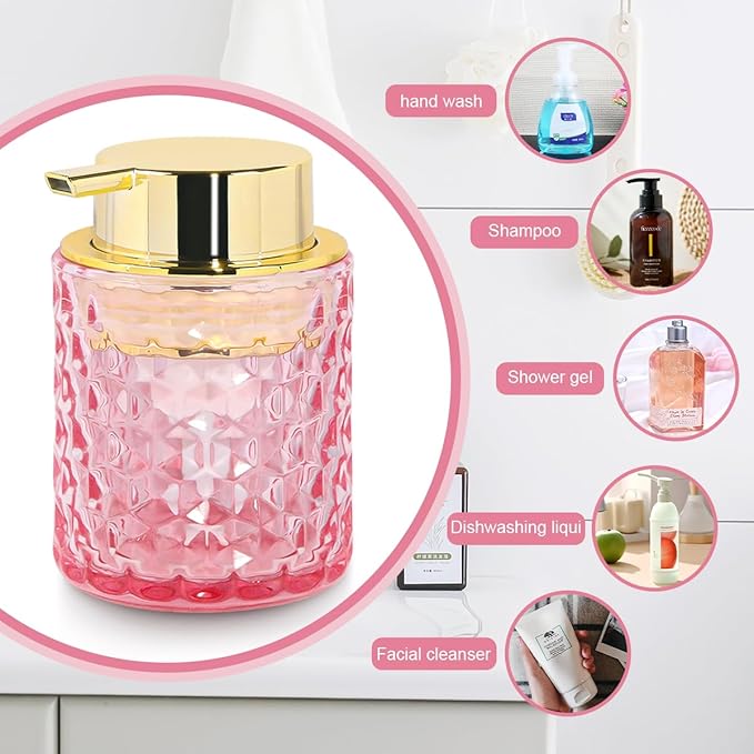 10 Oz Glass Hand Soap Dispenser with Pump, Refillable Bathroom Gold Foaming Soap Dispenser, Vintage Glass Diamond Lotion Container Bottle for Bathroom and Kitchen (1, Pink and Gold)