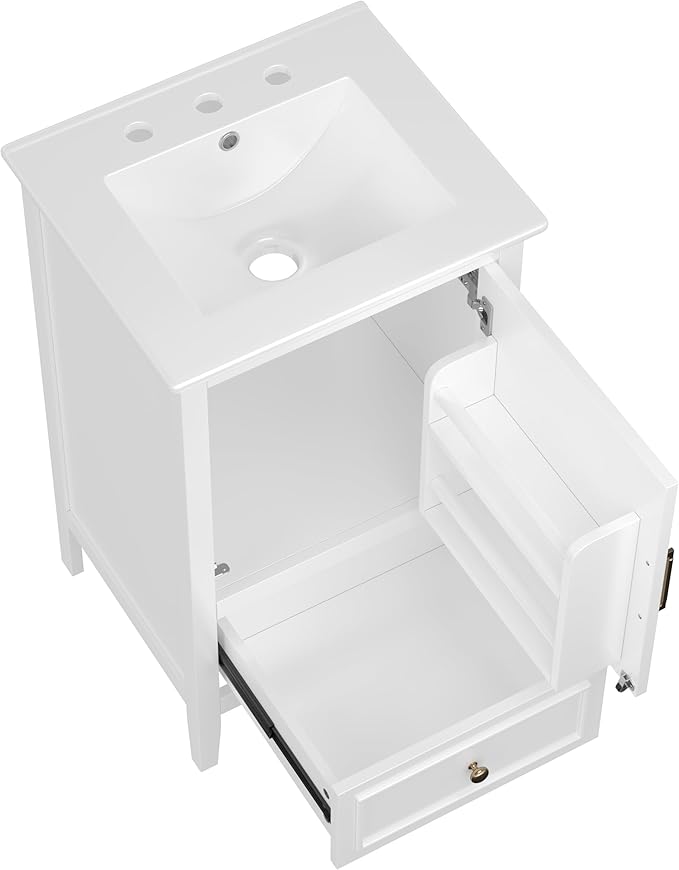 Bellemave 20 Inch Vanity with Sink, Free Standing Bathroom Vanity Cabinet with Soft Closing Door, Storage Rack, Drawer (White)