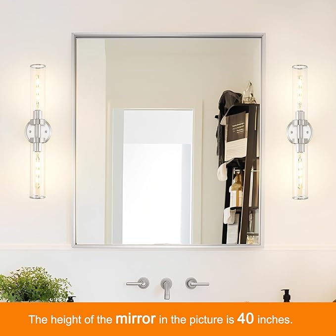 Brushed Nickel Wall Sconces Set of 2, Modern Bathroom Vanity Lights for Mirror, Hardwired Glass Wall Light Fixtures with E26 Base (Bulbs Required) for Bathroom, Bedroom, Hallway, 22.05 Inch